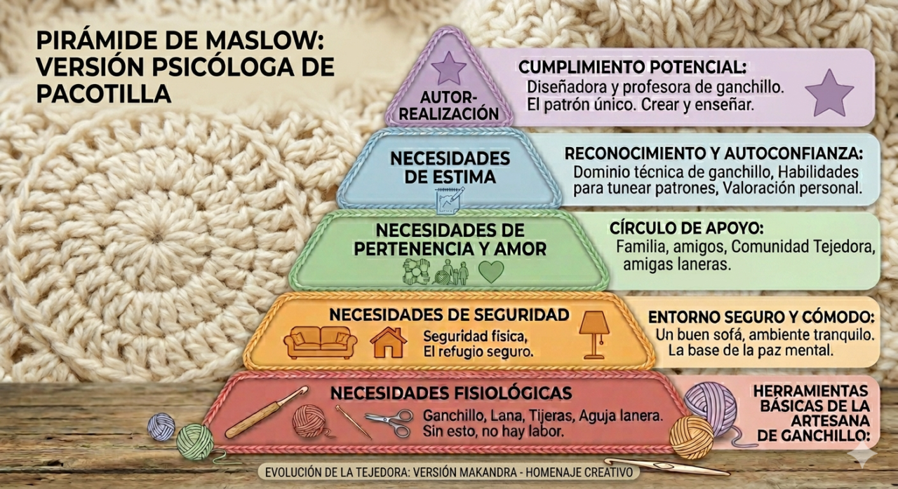 "Infografía de la Pirámide de Maslow versión Psicóloga de Pacotilla: Evolución de la tejedora de ganchillo y niveles de seguridad emocional según Makandra."
