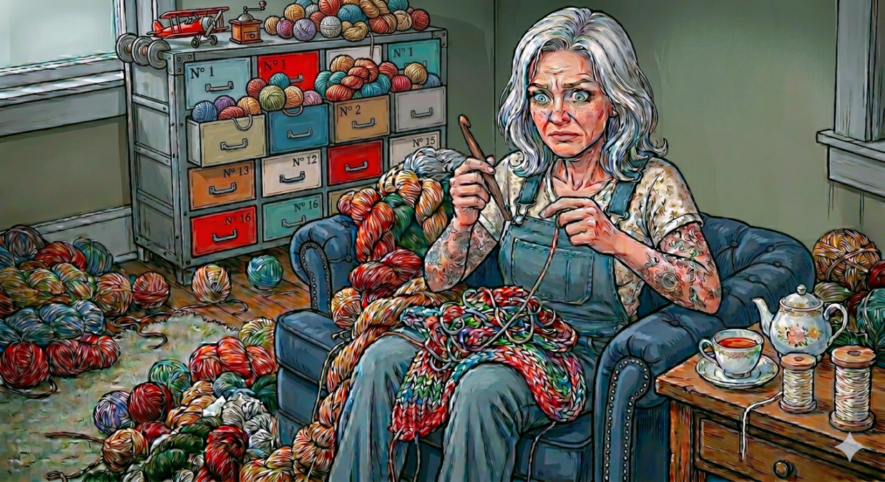 amargada-lanera-avatar-ganchilleart-sofa-azul-caos-ovillos-salud-mental-tejido