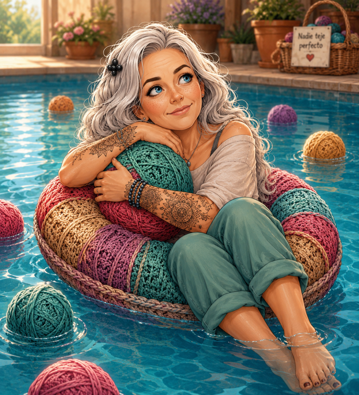 Imagen del avatar de ganchilleart abrazada a un ovillo encima de un flotador de lana dentro de una piscina, con cara de alivio.