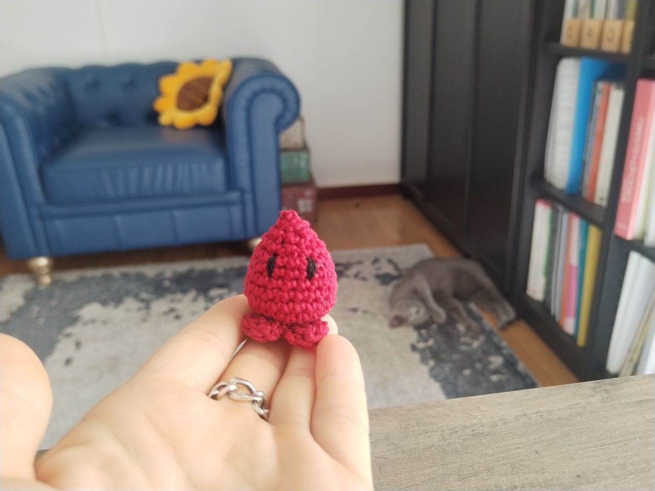 imagen de gotita a crochet en primer plano en la mano de Elsa con su gato tumbado de fondo