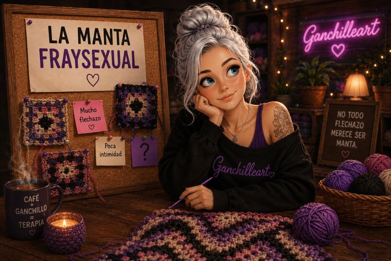 Tejedora de Ganchilleart junto a un tablero con notas sobre la fraysexualidad lanera, grannys cuadrados y ovillos.