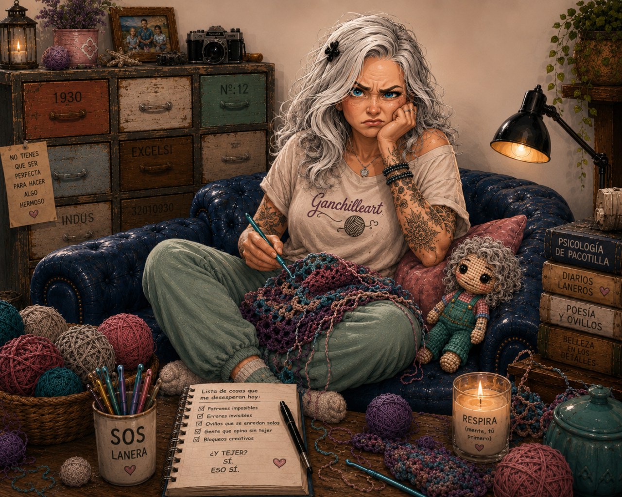 imagen del avatar de ganchilleart con cara de enfado, rodeada de lana.